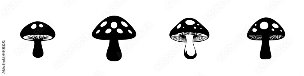 Silhouette pictograms of various mushroom designs in black and white vector format for creative use Silhouette pictograms of various mushroom designs in black and white vector format for creative use