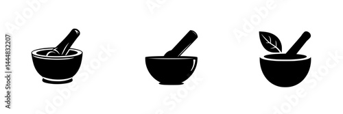 Set of three silhouette pictograms representing mortar and pestle icons for culinary and herbal use in various contexts