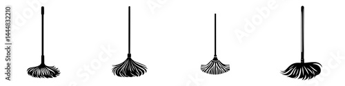 Collection of silhouette pictograms depicting various broom designs for cleaning activities