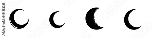 Silhouette pictograms of various crescent moon shapes representing different phases and artistic styles