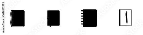 Silhouette pictogram icons showcasing various notebook and pen designs ideal for educational and office settings