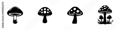 Silhouette pictogram set featuring various mushroom designs in a minimalist style for creative projects and illustrations