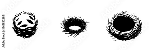 Silhouette pictogram of bird nests showcasing different designs and shapes for graphic use