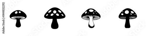 Silhouette pictograms of various mushroom designs in black and white vector format for creative use