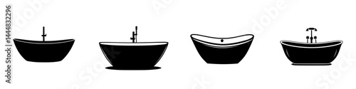 Silhouette pictogram icons of various bathtub designs in a minimalist style for bathroom decor and renovation