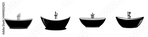 Silhouette pictogram design showcasing a variety of modern bathtubs in different styles and shapes