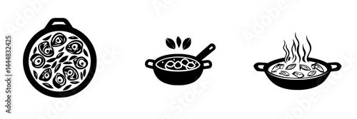 Silhouette pictograms depicting various cooking activities with pots and ingredients in the kitchen for culinary arts