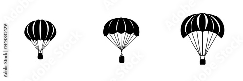 Silhouette pictograms of various parachutes in isolated vector icons set showcasing parachuting and aerial activities