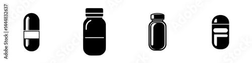 Silhouette pictograms representing various pill and bottle shapes for health and medicine concepts