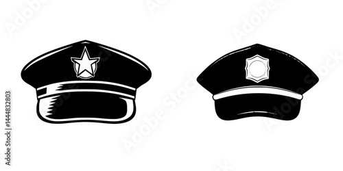Silhouette pictogram icons set featuring police hats in various styles for uniform design and law enforcement representation