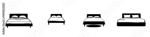Silhouette pictogram showcasing various styles of beds in isolated vector art format