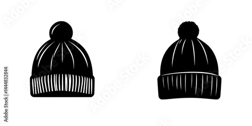 Silhouetted pictograms of winter hats illustrating various styles for cold weather wear including knitted beanies and pom-pom designs