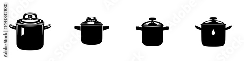 Collection of silhouette pictograms depicting various types of cooking pots shown in a simple design style
