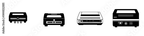 Silhouette pictograms of various retro electronics equipment in a set of isolated vector icons
