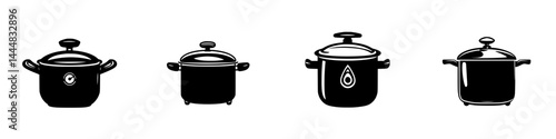 Silhouette pictograms of diverse cooking pots in various designs for culinary illustrations and graphic needs