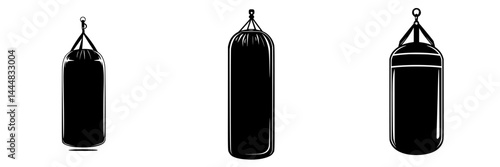 Silhouette pictograms of various types of punching bags for fitness and martial arts activities