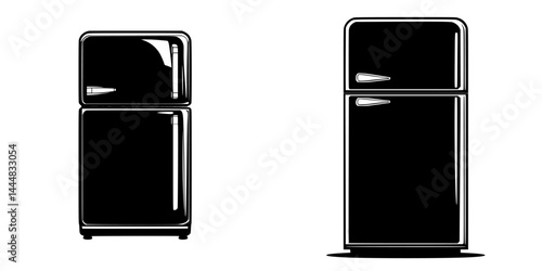 Stylized silhouettes of retro and modern refrigerators illustrating different designs and shapes