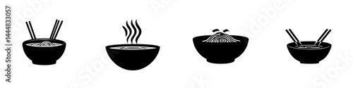 Silhouette pictogram icons set featuring various noodle bowls and chopsticks in diverse styles and arrangements on a clean background