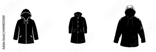 Silhouette pictograms of different styles of outerwear including jackets and coats for various weather conditions
