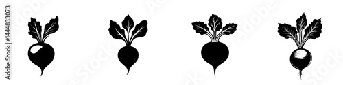 Silhouette pictograms of various radishes showcasing unique shapes and leafy tops in a minimalist design