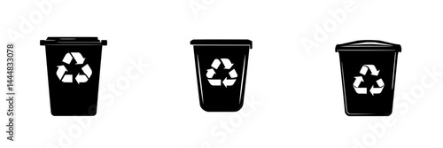 Silhouette pictogram icons of recycling bins for waste management and environmental awareness in various styles