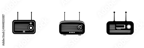 Silhouette pictograms of various radio designs showcasing vintage and modern styles for communication representation