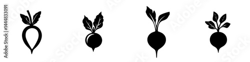 Silhouette pictogram set featuring various styles of radishes with distinctive leaf shapes