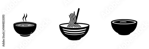Silhouette pictograms illustrating bowls of hot soup, noodles, and empty bowls for culinary design and food-related themes
