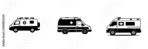 Emergency medical service silhouette pictograms representing different types of ambulances in a simple vector design