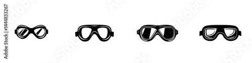 Collection of silhouette pictograms depicting various styles of protective goggles in black and white