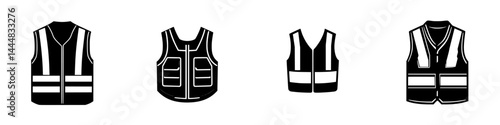 Set of silhouette pictograms showcasing different styles of safety vests for various activities including construction and outdoor work environments
