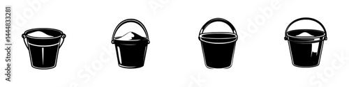 Various black and white silhouettes of buckets with different designs showing versatility for various applications and uses