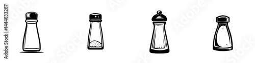 Collection of silhouette pictograms showcasing different designs of salt shakers isolated on a white background