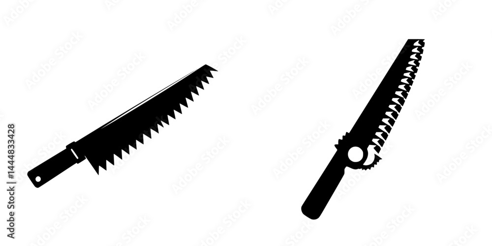 Multiple silhouette pictograms of saws showing different styles and designs suitable for various cutting tasks Multiple silhouette pictograms of saws showing different styles and designs suitable for various cutting tasks