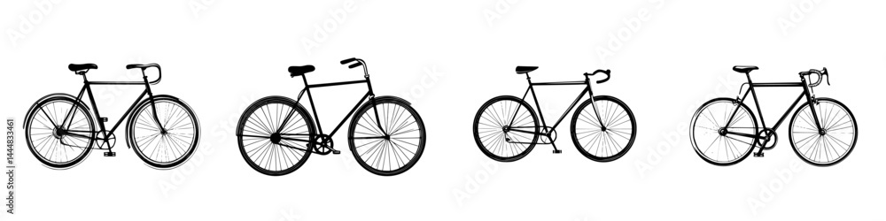 Fototapeta premium Various silhouettes of bicycles showcasing different styles and designs on a plain background