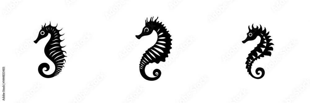 Fototapeta premium Unique set of silhouette pictograms showcasing three distinct seahorse designs for artistic or nautical themes