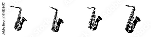 Silhouette pictograms portraying various saxophone designs in a minimalist style suitable for artistic and educational purposes
