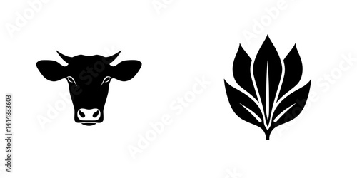 Silhouette pictogram icons set featuring a cow head and a leaf design for agricultural and environmental concepts