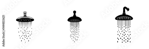 Silhouette pictogram set of showerheads with water droplets illustrating various styles and designs for modern bathrooms