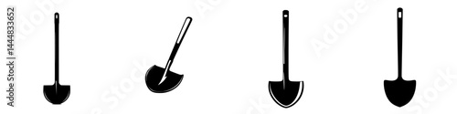 Silhouette pictogram icons set showcasing various shovel designs typically used in gardening and construction activities