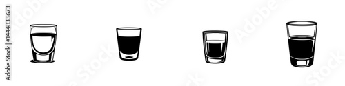 Silhouette pictogram style icons representing various types of drinkware in different sizes and shapes for graphic design use