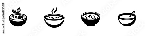 Silhouette pictograms of various types of soup bowls served with ingredients and steam to represent different culinary styles at a dining setting