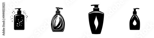 Silhouette pictograms depict various types of liquid containers for personal care and cleaning products with distinct designs