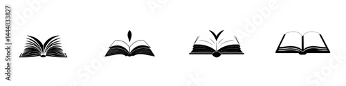 Stylized silhouettes of open books in various designs representing reading and education for learning enthusiasts