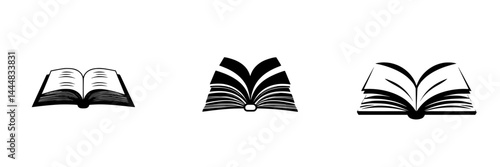 Various silhouettes of open books illustrating different styles and designs in black, suitable for educational themes and graphic representations