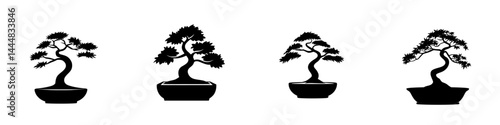 Silhouette pictogram set of bonsai trees in various styles illustrating artistic gardening designs