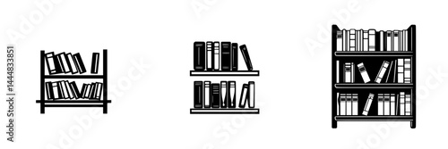 Varied silhouettes of bookshelves showcasing different styles of book storage in a simple, clean design