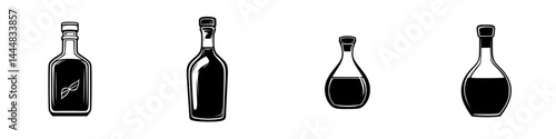 Silhouette pictogram icons set featuring various types of bottles for liquids in a minimalistic design