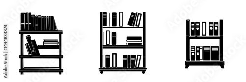 Silhouette pictograms of three distinct bookshelf designs featuring various book arrangements and storage styles
