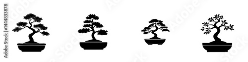 Silhouette icons featuring various styles of bonsai trees in planters illustrating an art form rooted in tradition and nature